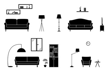 Home interior black and white set.  Room with sofa icon.