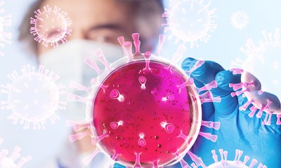 Microbiology laboratory test in scientist hand on background