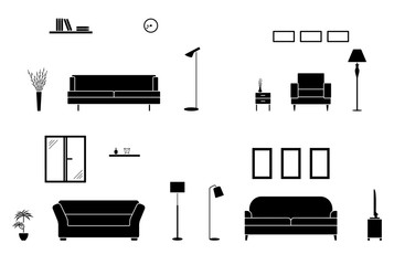 Luxury home interior black and white set. Empty living room silhouette