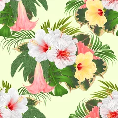 Fototapeten Seamless texture bouquet with tropical flowers  floral arrangement, with   pink  yellow and white hibiscus and Brugmansia  palm,philodendron  vintage vector illustration  editable hand draw © zdenat5