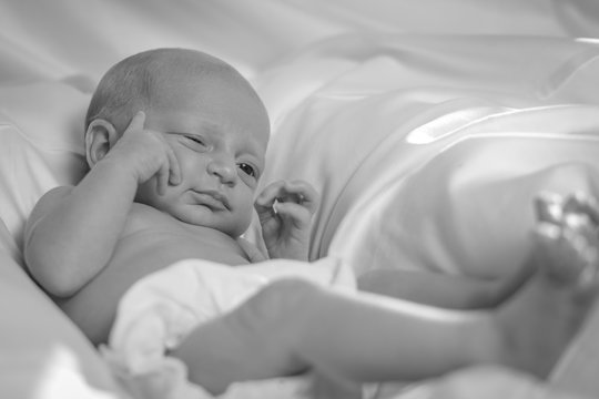 Black and white newborn baby girl photo