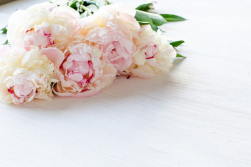 On a white wooden background lies a bouquet of delicate light flowers peony.  Space for text