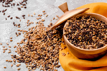 Mixed varieties of malted grain in a wooden plate on a gray background. close-up. series of photos. space