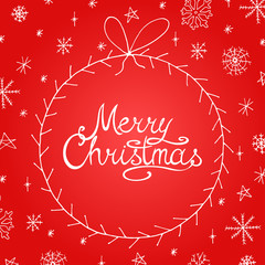 Vector xmas greeting card with hand drawn snowflakes in doodle style. Merry Christmas red background