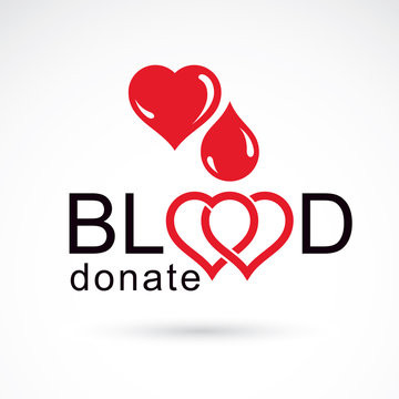 Volunteer donorship, healthcare and medical treatment conceptual logo composed with red heart shape and blood drops.