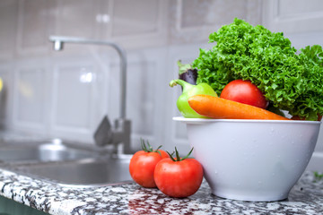 Fresh, clean vegetables for cooking salad. Right and healthy food. Diet