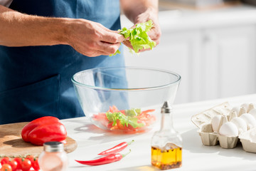 partial view of man with lettuce in hands making salad