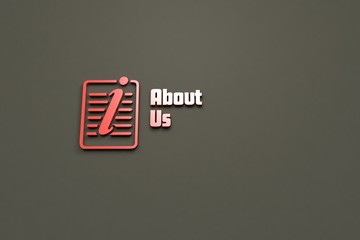 Illustration of About Us with red text on brown background