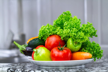 Fresh, clean vegetables for cooking salad. Right and healthy food