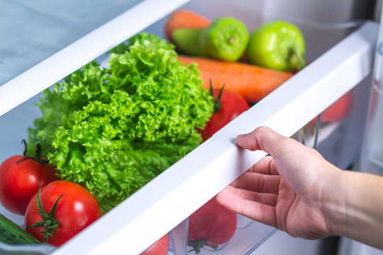 Opened refrigerator full of fresh vegetables. Healthy and right food