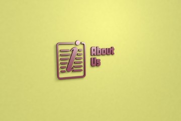 3D illustration of About Us, red color and red text with yellow background.