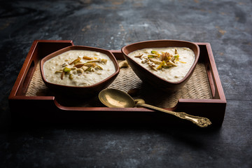 Sweet Rabdi or Lachha Rabri or basundi, made with pure milk garnished with dry fruits. Served in a bowl over moody background. Selective focus