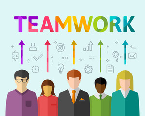 Teamwork concept with diverse group of people. Vector illustration in colorful flat design.