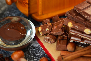 different types of chocolate, nougat and spices 