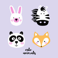 Set of cute animal faces. Bunny, zebra, panda, fox. Creative cartoon print for baby card, invitation, nursery, apparel and textile. Vector Illustration.