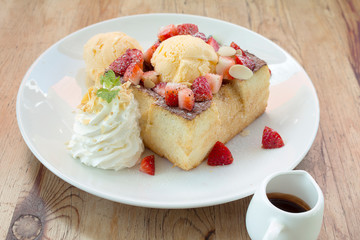 Toast Bread Pudding with ice cream and strawberry