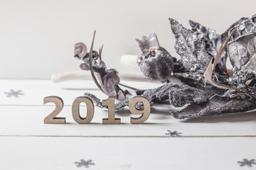 New Year 2019. Christmas. Holidays. Composition with New Year toys and numbers 2019