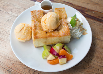 Toast Bread Pudding with ice cream and fruit
