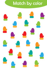 Winter christmas matching game for children, connect identical colorful mittens, middle level, preschool worksheet activity for kids, task for the development of logical thinking, vector illustration