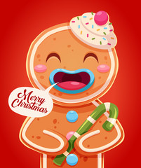 Merry Christmas greeting card retro design. gingerbread man holding gift box. Vector