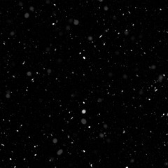 Isolated natural white snow texture effect on black night background. Winter snowflakes.