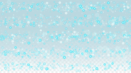 Christmas  Vector Background with Blue Falling Snowflakes Isolated on Transparent Background. Realistic Snow Sparkle Pattern. Snowfall Overlay Print. Winter Sky. Design for Party Invitation.