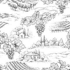Seamless Pattern with Grapes and Rural Scene