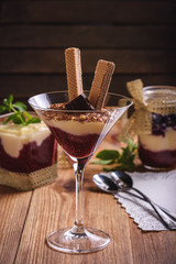 Raspberry and white chocolate mousse dessert.