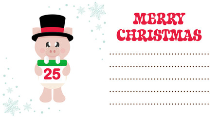 cartoon cute pig with christmas calendar in hat on the christmas card