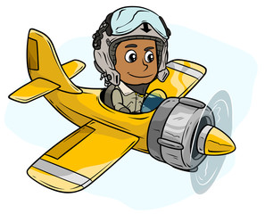 Cartoon pilot boy character in retro airplane © GB_Art