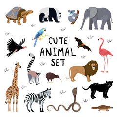  Vector illustration. Set icons cartoon style of various animals. Characters for different design with text.