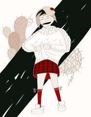 Girl teenager angry, dressed in the itchy goodwill sweater