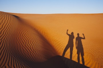 Shadows of two friends on sand dune