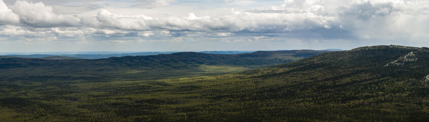 Forest Landscape With Hills And Clouds. Panorama HD. National Park "Taganay", Ural Mountains, Russian Federation.