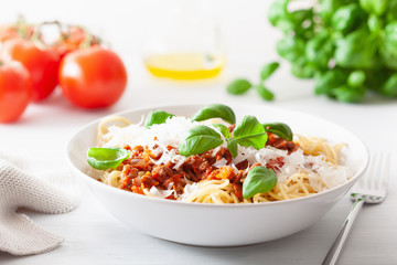 spaghetti bolognese with basil and parmesan, italian pasta