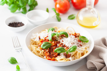 spaghetti bolognese with basil and parmesan, italian pasta