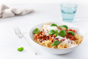 spaghetti bolognese with basil and parmesan, italian pasta