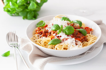 spaghetti bolognese with basil and parmesan, italian pasta