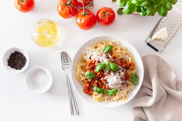 spaghetti bolognese with basil and parmesan, italian pasta