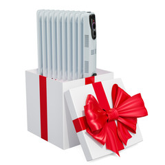 Electric oil heater, oil-filled radiator inside gift box. 3D rendering