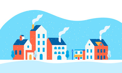 Minimal winter cityscape. Snowy street in small city with buildings and houses, trees. Modern concept vector illustration.
