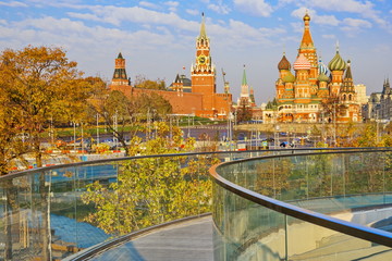 Moscow. View of the Spasskaya tower and St. Basil's Cathedral from Zaryadye Park. October 2018.