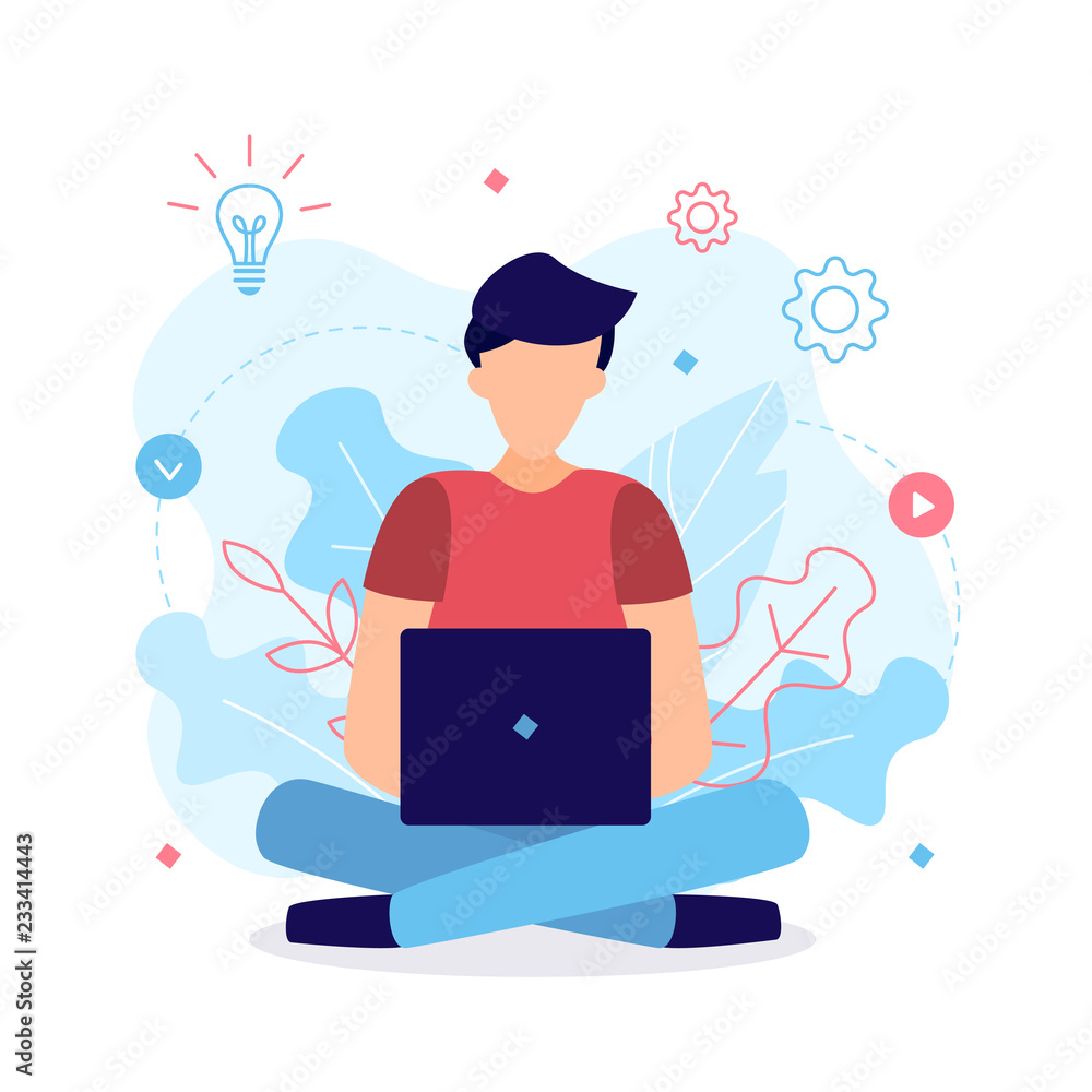 Poster the man works at the laptop in the lotus position. the process of working on the project. web develo