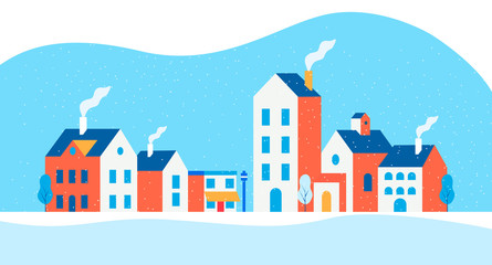 Fototapeta na wymiar Minimal winter cityscape. Snowy street in small city with buildings and houses, trees. Modern concept vector illustration.