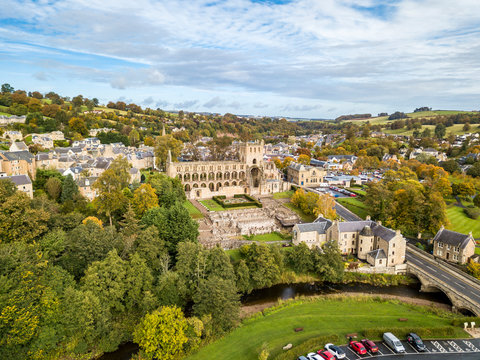 Aerial view of Jedburgh in autumn with the ruins of Jedburgh Abbey in Scotland