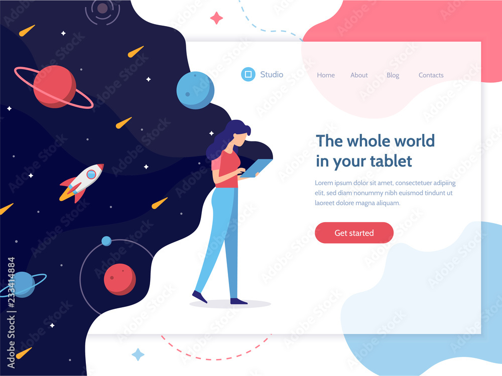 Poster the whole world in your tablet. girl holding a device in which space. web development. landing desig