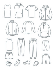 Outline men casual clothes for fitness training. Basic garments for gym workout. Vector thin line icons. Outfit for active man. Sport style linear male shirts, pants, jackets, tops, bottoms, shorts