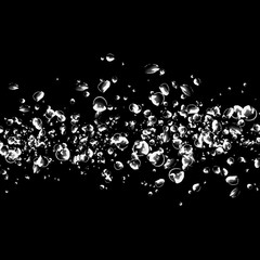 Isolated white water bubbles on black background. Rain water drops. Underwater oxygen.