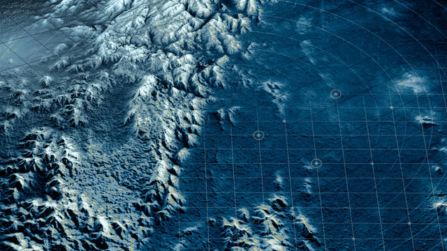 Vista satellitare di un terreno, sci-fi, visione notturna. Obiettivo militare, sorvolo di un drone. Target militare. Operazione sotto copertura. Rilievi montuosi e pianure. Nuovo pianeta