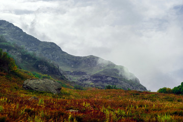 Fototapeta premium autumn mountain pass with red grass on the background of rainy mountains in the Caucasus